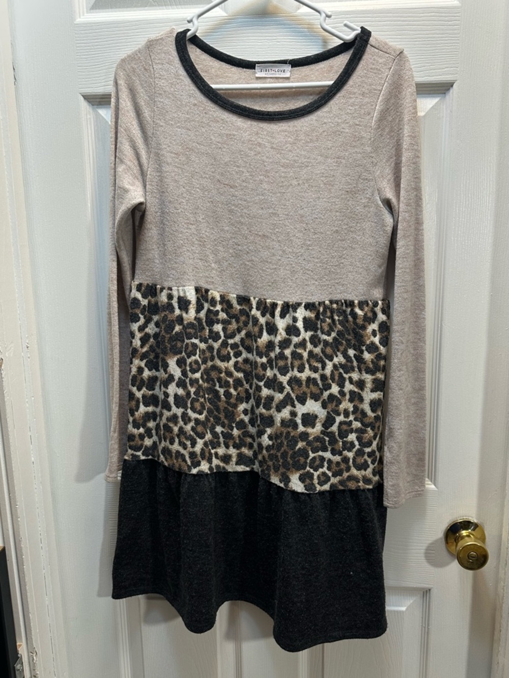 First Love Long Sleeve Colorblock Dress with Leopard Panel - Beige, Black